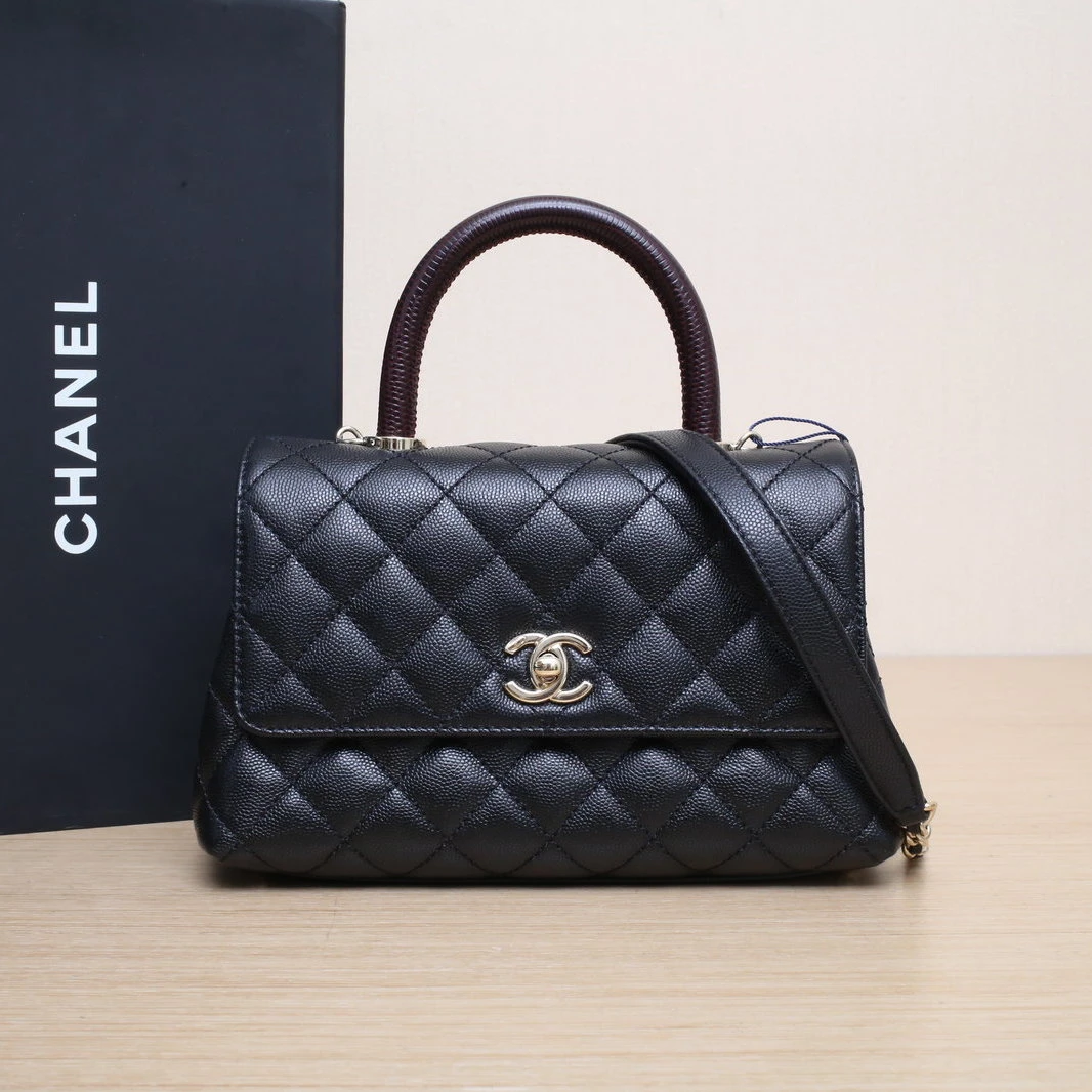 99新 Chanel/香奈儿 【念念】Handle 小号 黑色 蜥蜴压纹手柄