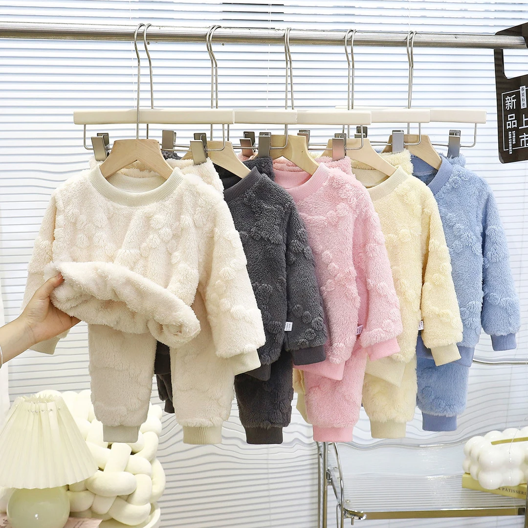 秋冬儿童法兰绒睡衣套装韩版男童加绒加厚家居服女童保暖内衣套装