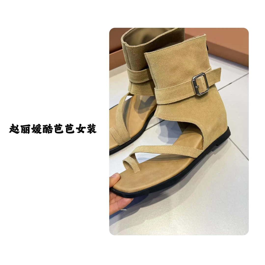 2025夏季新款小众复古方头坡跟内增高罗马凉鞋女皮带扣套趾中筒靴