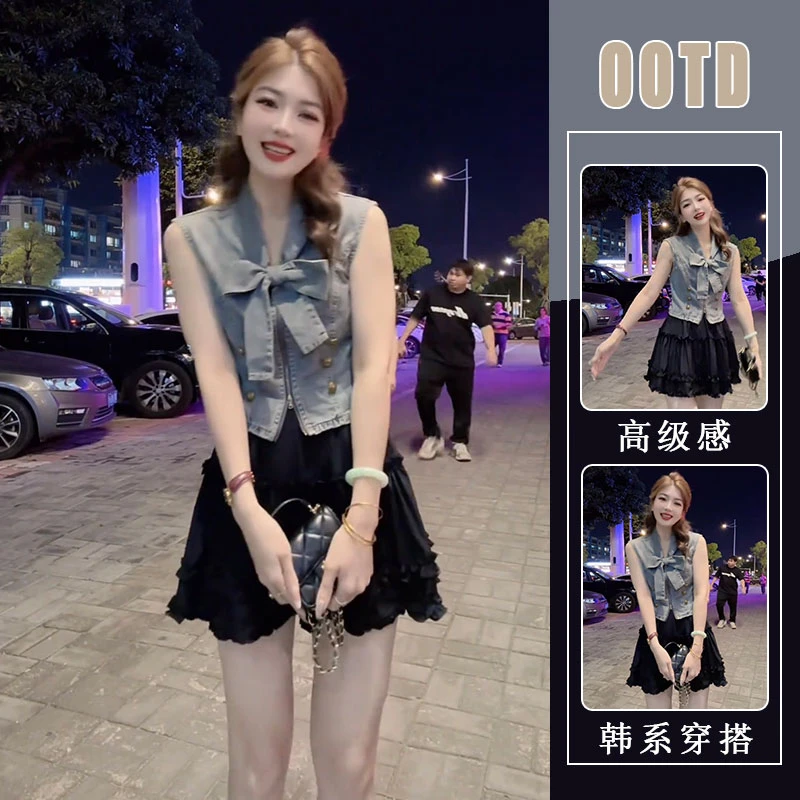2025夏季超火穿搭套装女设计感蝴蝶结牛仔短袖上衣女半身裙两件套