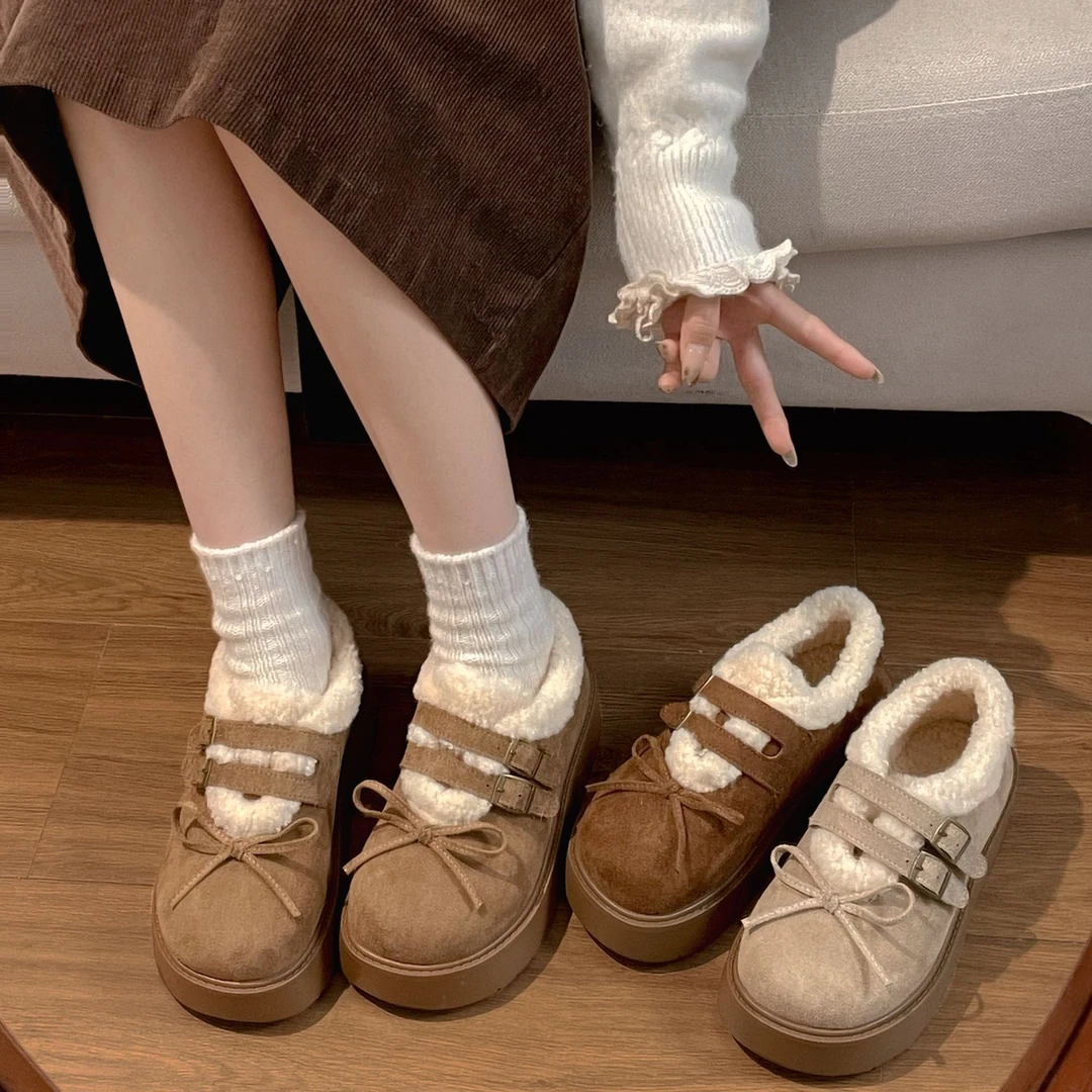 厚底加绒全包豆豆勃肯鞋女2025冬季新款低帮棉鞋毛毛乐福鞋雪地靴