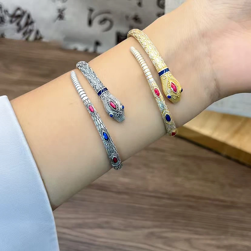 足银手镯 【C27】25年新款灵蛇描金复古气质开口足银手镯