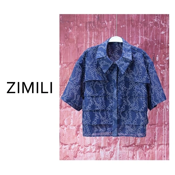 【亮哥女装】2025欧版设计师新品藏蓝色印花休闲衬衫短袖9567-Z1
