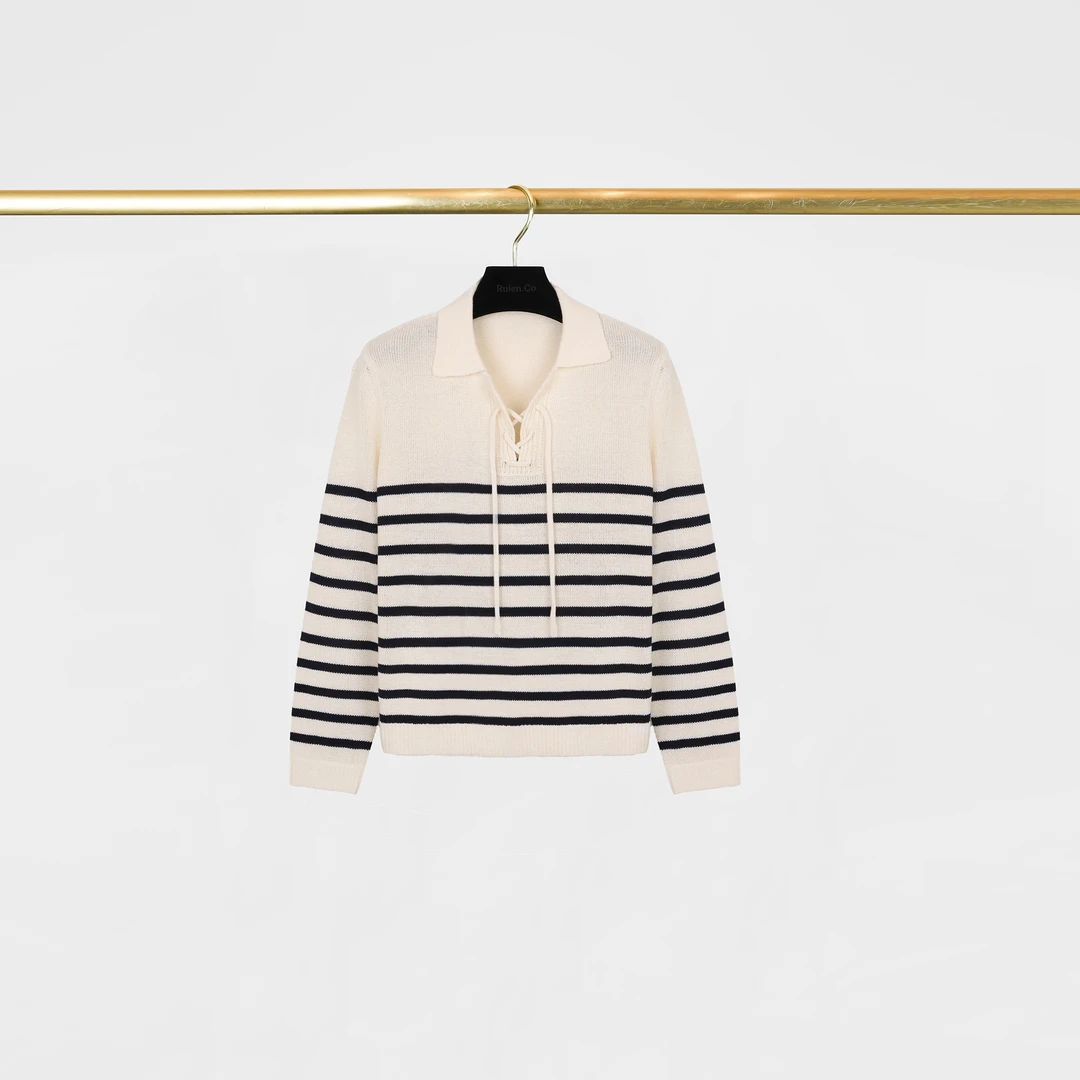 RuienCo.海盐盛夏时尚休闲条纹系带Polo领长袖短袖针织衫毛衫