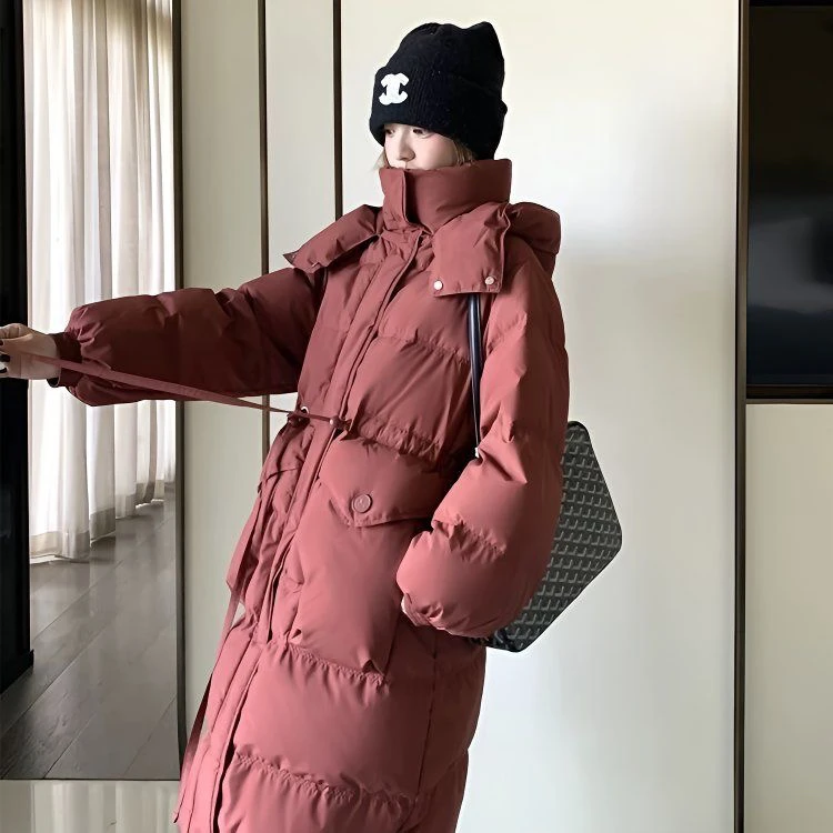 酒红色连帽羽绒棉服女冬新款高级感超好看保暖白鸭绒小众外套潮