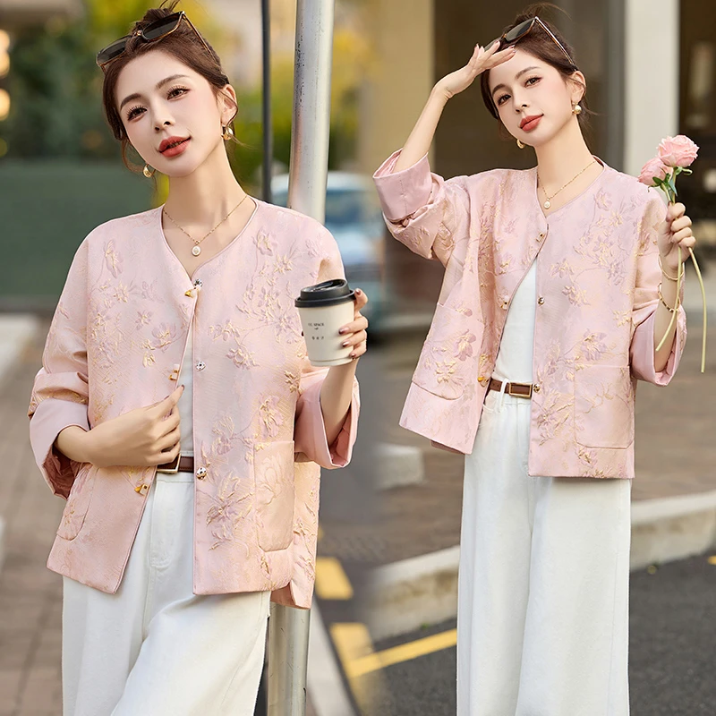 新中式国风刺绣提花短款外套女春季2025新款宽松高级感翻边袖上衣