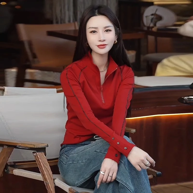 2025春秋新款时尚休闲立领半拉链长袖T恤女修身显瘦打底衫上衣潮