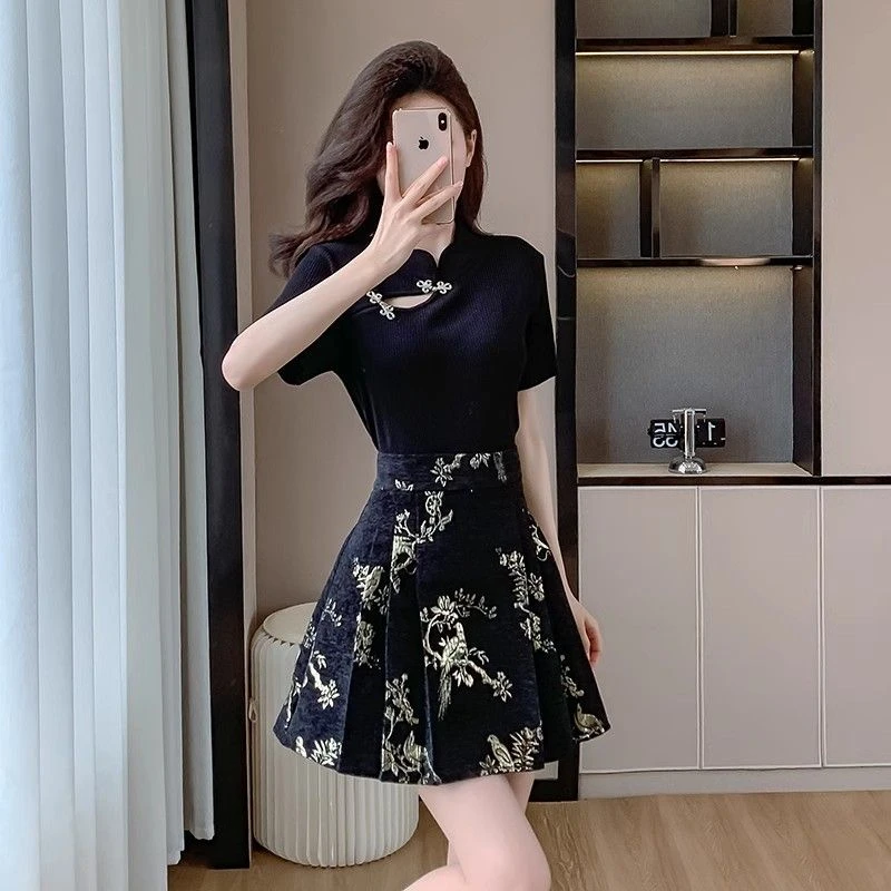 夏季小个子新中式穿搭一整套国风马面裙黑色冰丝针织上衣两件套女