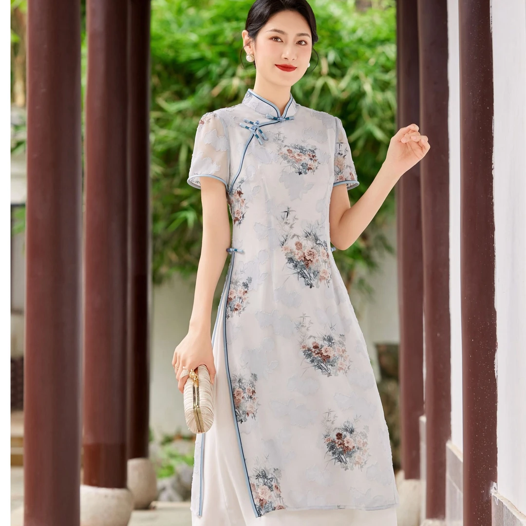 瓷萱【花团锦簇】2025新款改良奥黛旗袍日常优雅气质显瘦夏季中国风