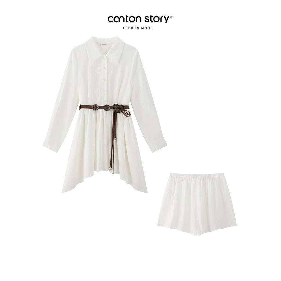 羊城故事-法式复古白色长袖衬衫连衣裙不规则收腰短裙Y41248261