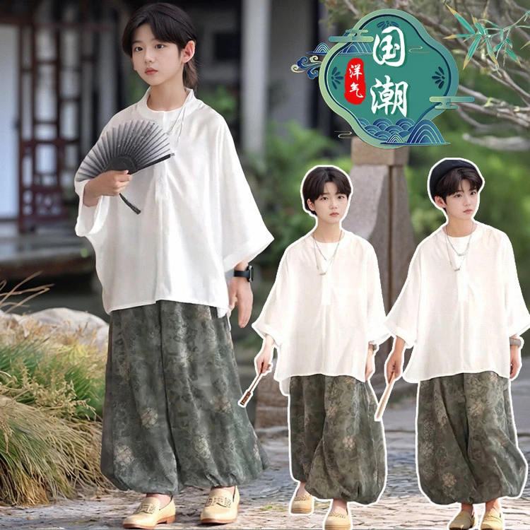 男童新中式汉服唐装国风刺绣套装生日礼服儿童演出服
