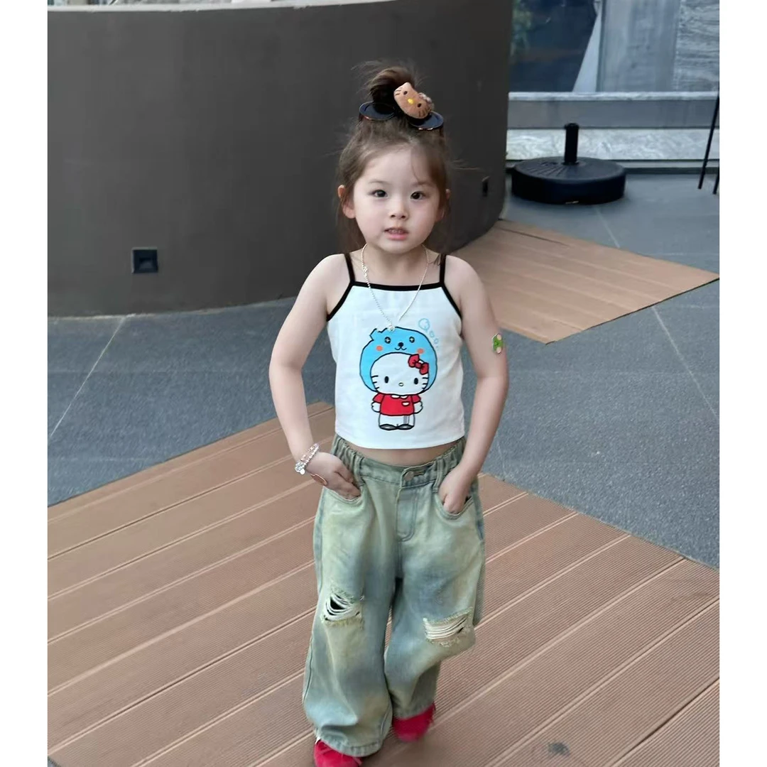 壹妈童装女童夏季新款套装洋气时髦女宝可爱kt猫吊带背心破洞裤