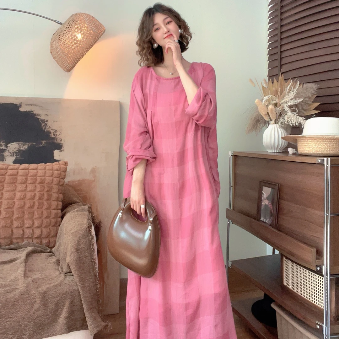 【喜柚自制】胭脂海棠 复古文艺格子春夏气质显瘦宽松中长款连衣裙