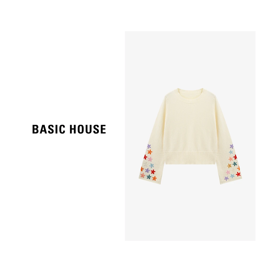 Basic House/百家好慵懒风袖口小花针织设计毛针织衫-B0625B5MVX2
