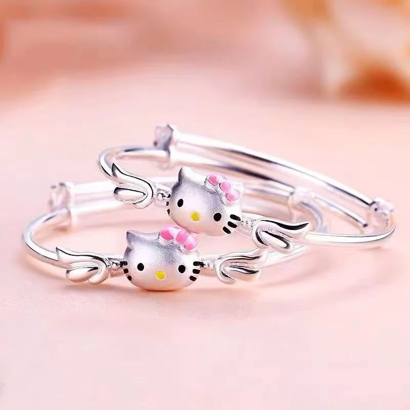 008足银手镯Hello Kitty纯银推拉手镯