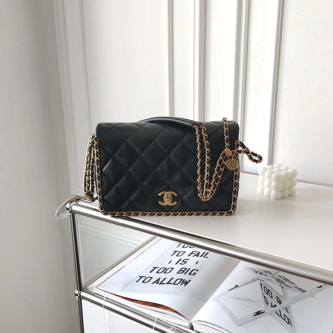 99新 Chanel/香奈儿  22B黑金荔枝皮熔岩金币链条滚边单肩包42551