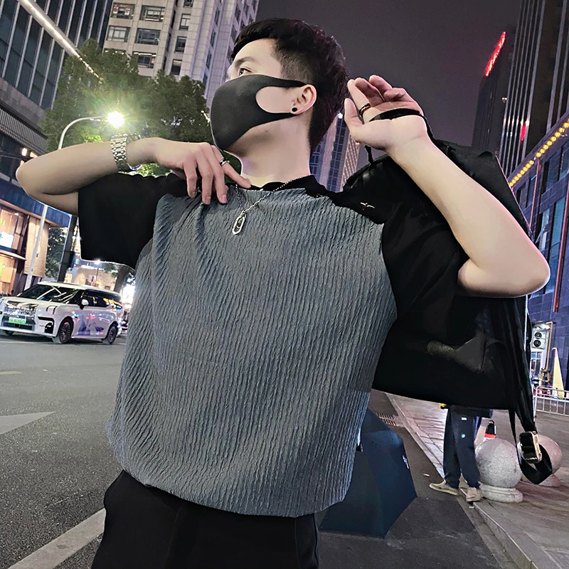 高级感撞色短袖T恤男夏季拼接圆领半袖上衣宽松透气潮流休闲体恤