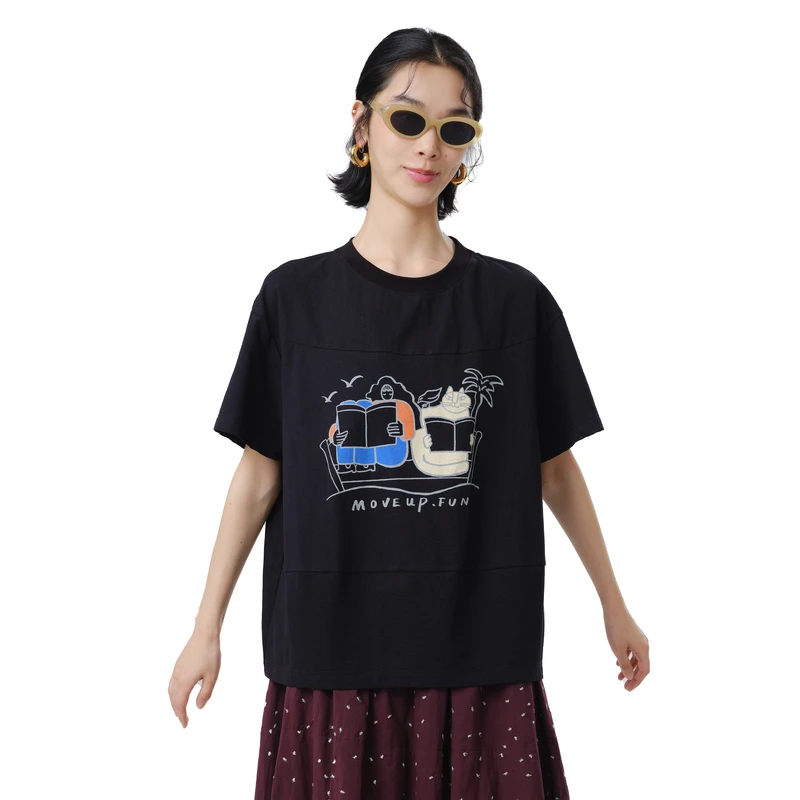 MOVEUP幻走2025夏季新款.FUN圆领落肩趣味印花短款T恤女325210521