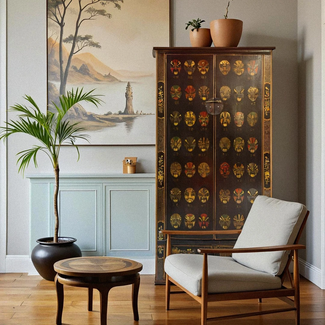 【本尼家】中式复古做旧实木脸谱储物储物柜收纳高柜98*47*198cm