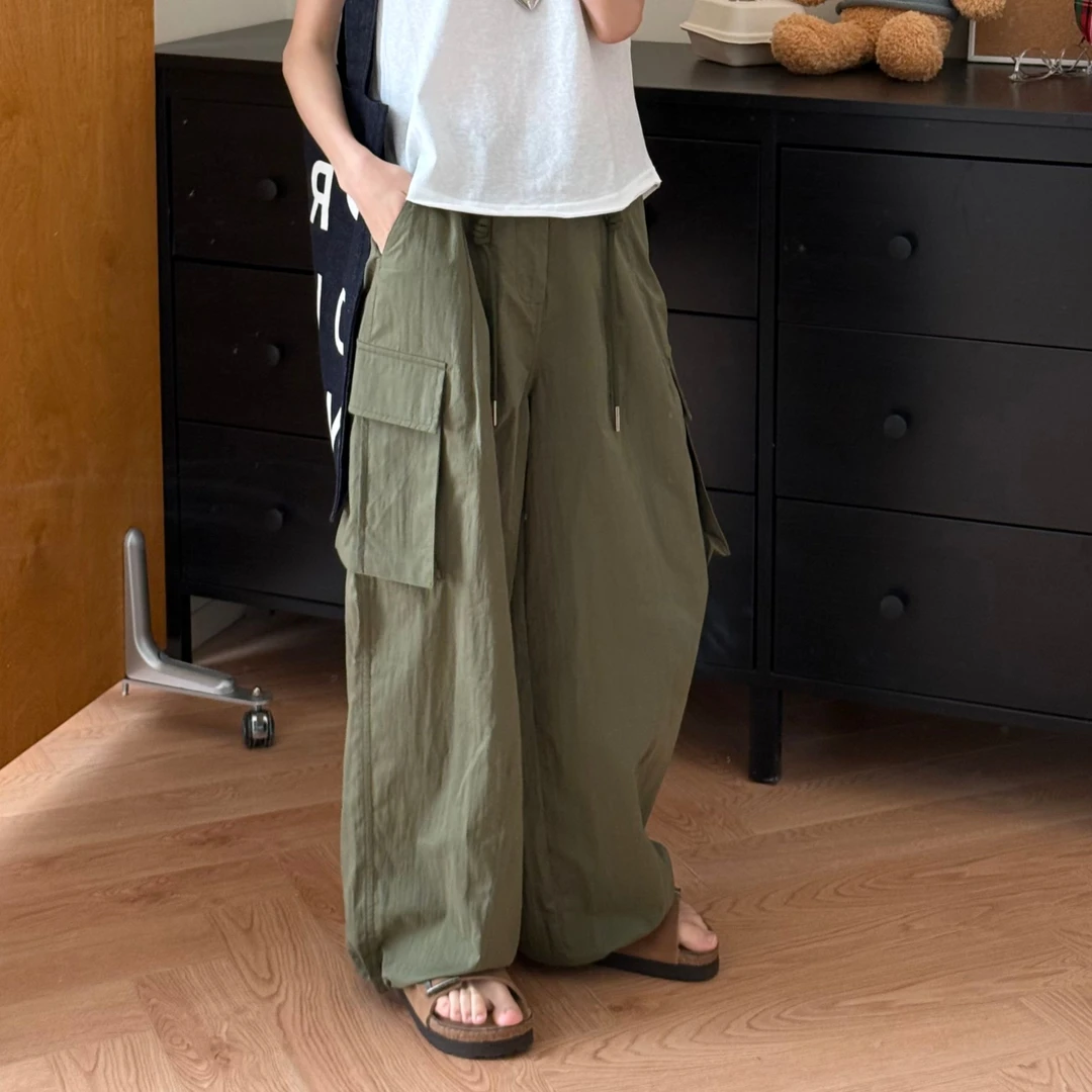 【在仓】小个子夏季薄款宽松低腰抽绳口袋阔腿休闲工装裤