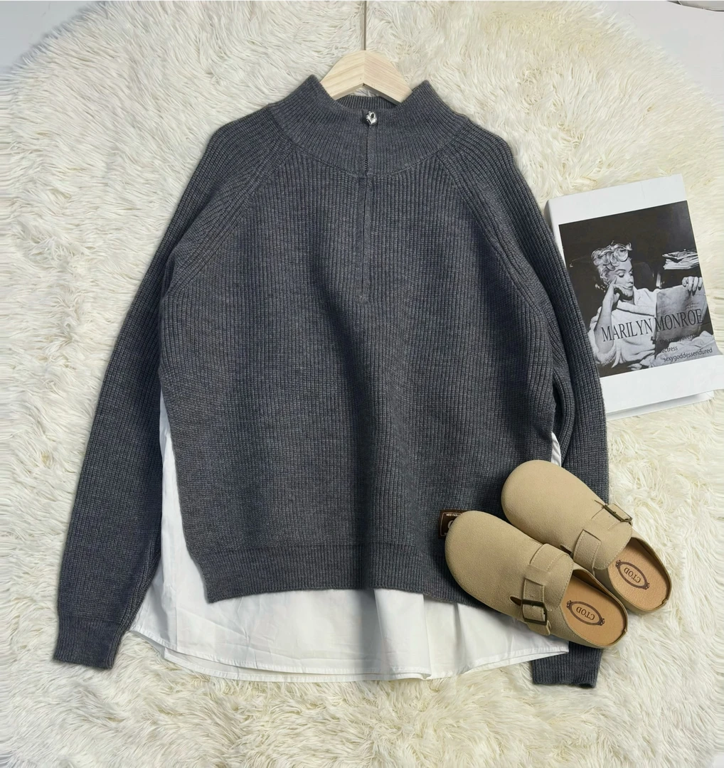 玲姐定制-灰色半高领半拉链拼接下摆假两件针织毛衣350681