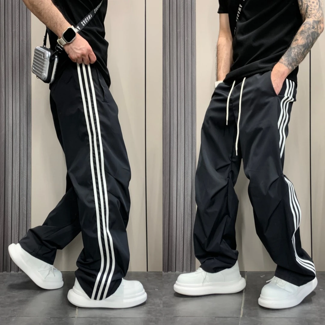 美式三条杠裤子男2025夏季薄款运动高街侧边条纹垂感直筒休闲裤
