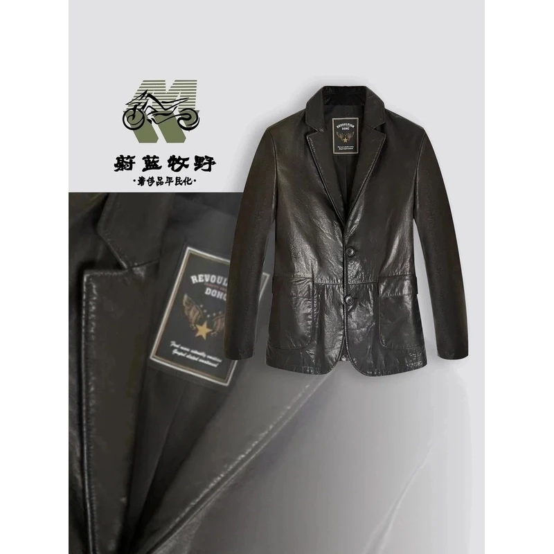 【蔚蓝牧野】-1002-男士西班牙油蜡牛皮休闲西服款真皮皮衣