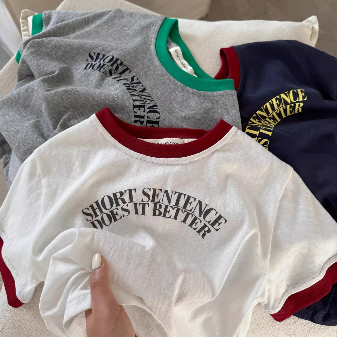 娇娃布迪夏季印花圆领短袖T恤简风宽松透气上衣儿童纯棉百搭字母