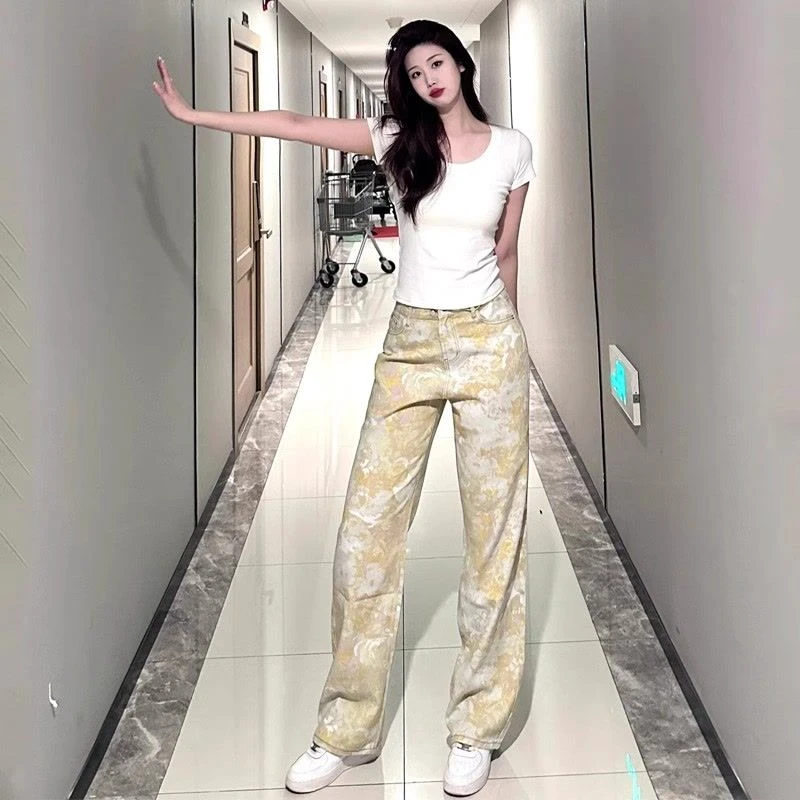 休闲美式复古扎染印花阔腿裤女2025春新款高腰显瘦垂感宽松牛仔裤