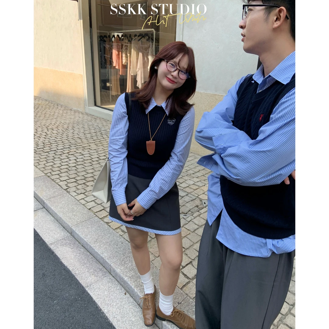 KMZY/KMZY山_山【时髦欧尼】微胖早秋韩系假两件条纹衬衫毛织穿搭