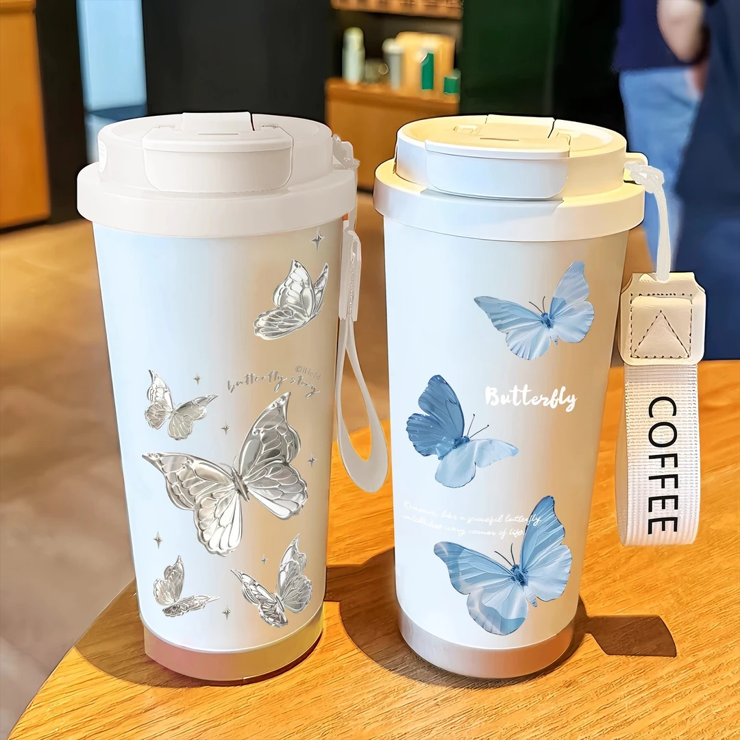 蝴蝶艺术咖啡杯陶瓷内胆大容量保温杯吸管便携车载水杯女学生316