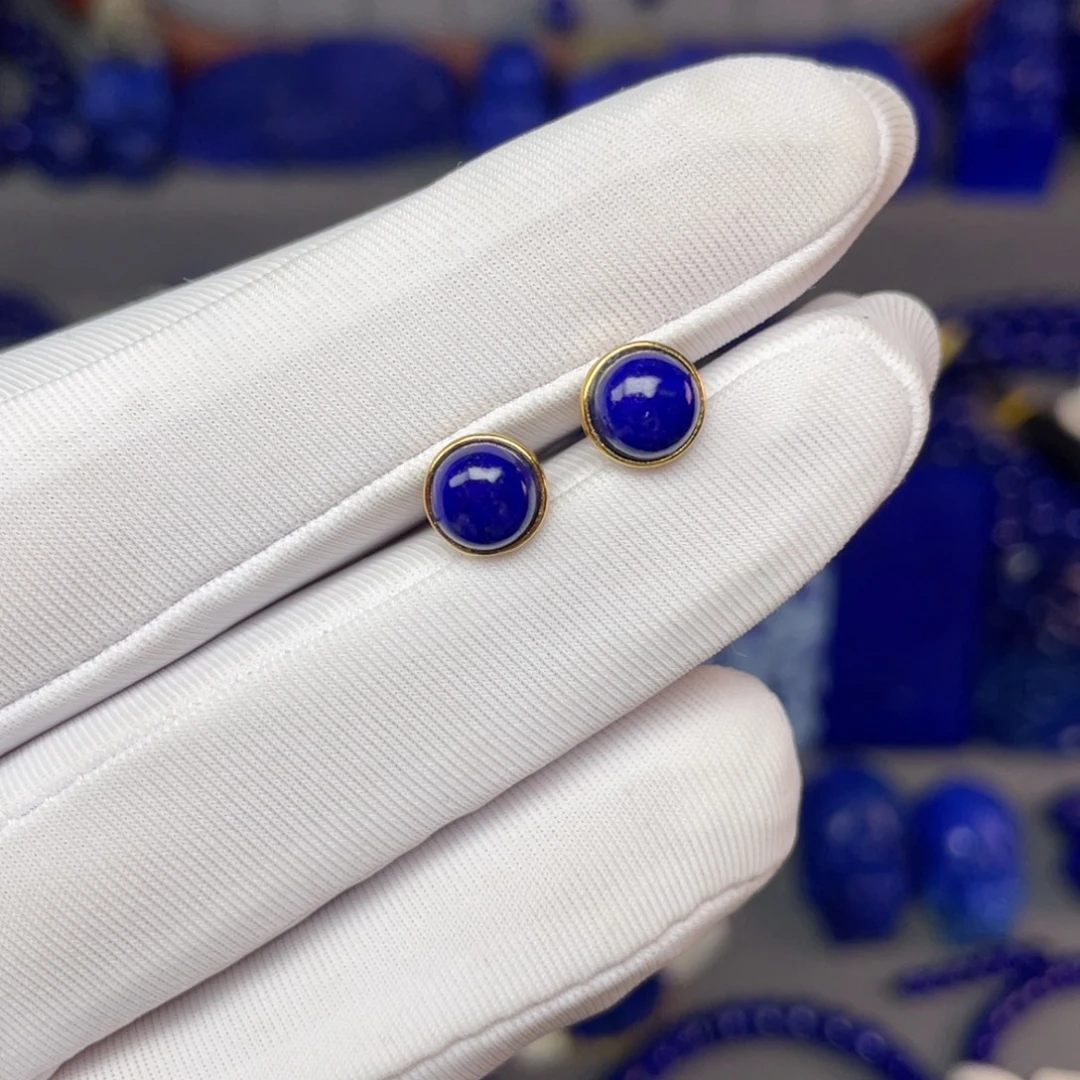 银S925镀金镶嵌青金石7mm耳饰