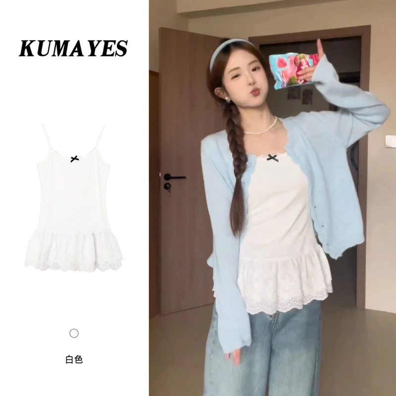 KUMAYES白色蝴蝶结吊带背心女春季蕾丝花边下摆叠穿内搭小上衣