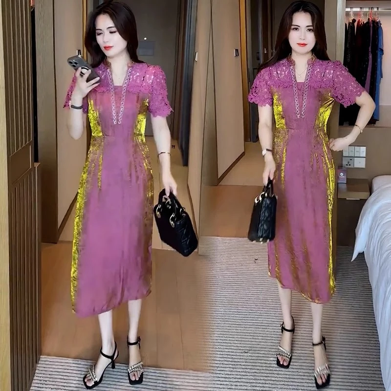 时尚连衣裙女2025夏季新款洋气质显瘦遮肉蕾丝拼接中长款减龄裙子