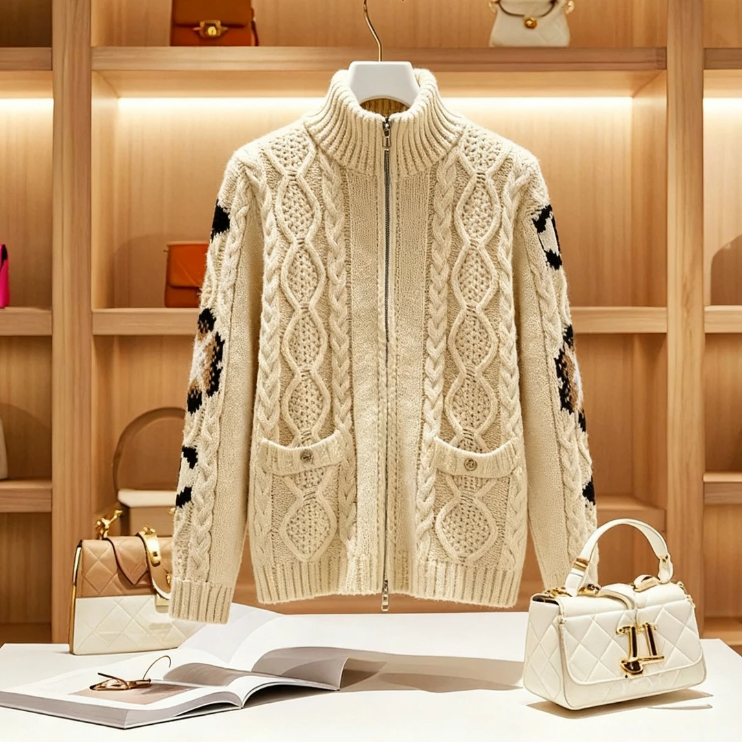 慵懒风毛衣外套女爆款2025新款秋冬双头拉链翻领提花针织开衫上衣