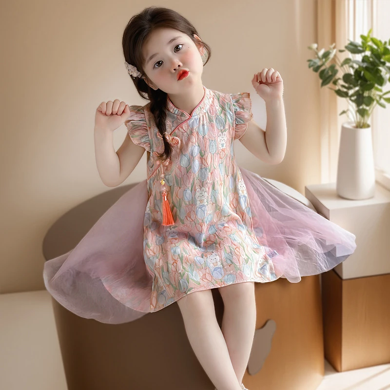 童泰【断码】拼接旗袍裙2025夏季新款六一表演盘扣连衣裙中式唐装