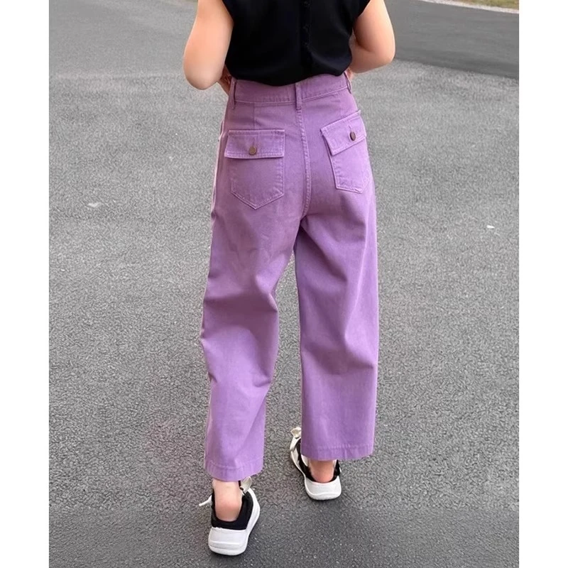 紫色阔腿牛仔裤女夏大码胖mm九分裤梨形身材高腰宽松显瘦直筒裤子