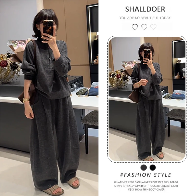 韩版时尚设计感套装女2025秋季显瘦露肩宽松长袖纯色阔腿裤两件套