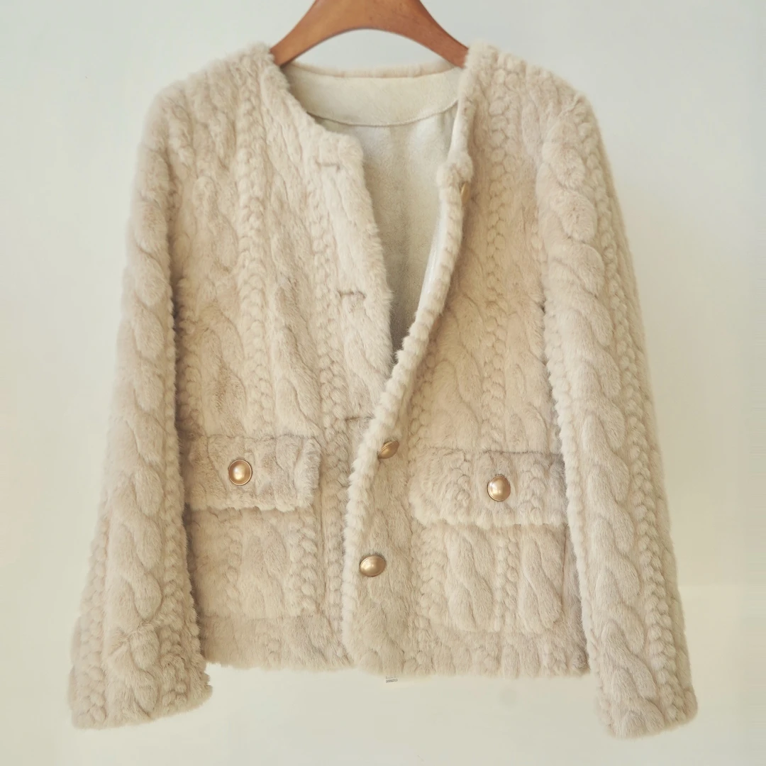 J2气质小香风时尚百搭环保毛仿皮草短款外套杏色