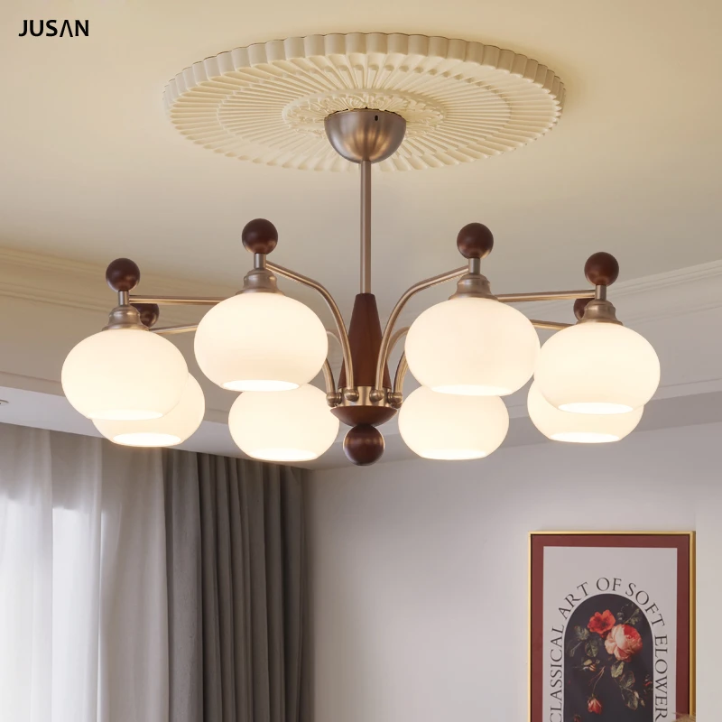 法式中古客厅灯胡桃木色侘寂风大厅主灯美式复古餐厅卧室柿子吊灯