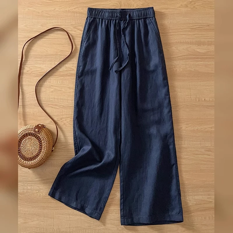 藏青色亚麻阔腿裤女夏季2025新款休闲九分裤小个子天丝抗皱山本裤