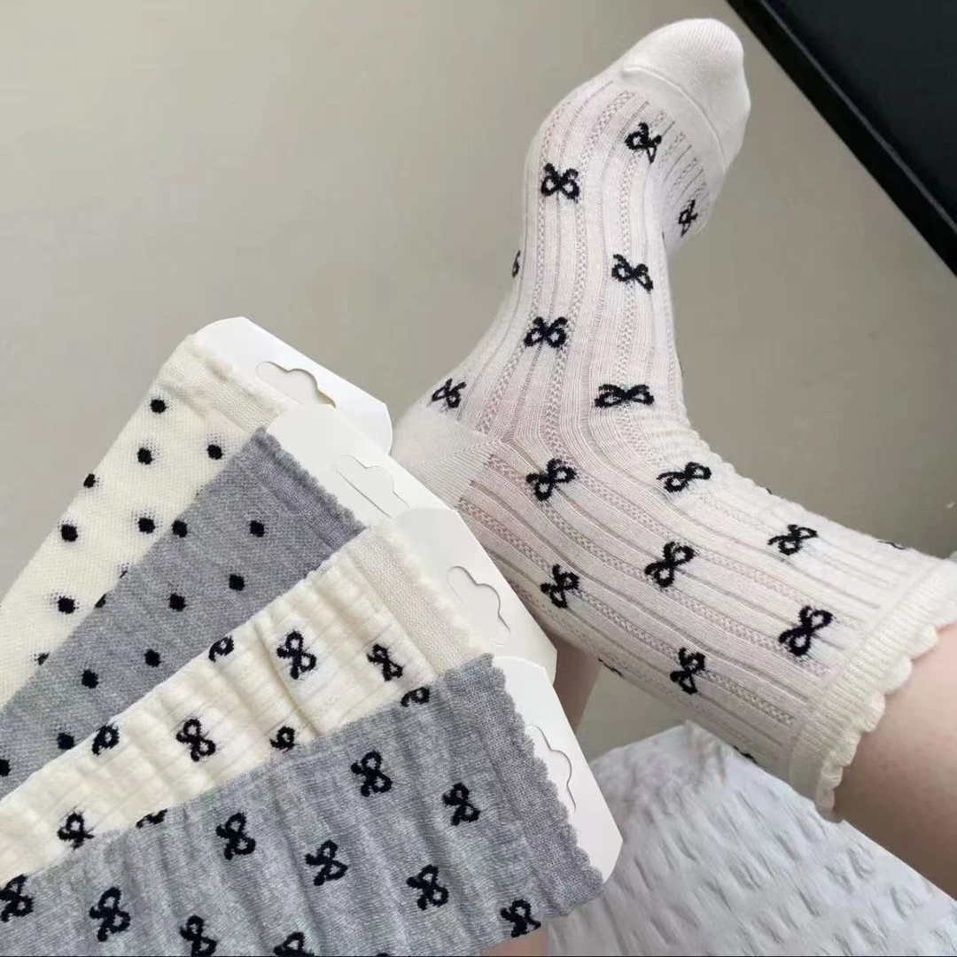 夏季花边薄款女袜网眼镂空中筒袜蝴蝶结波点女袜子夏季薄款