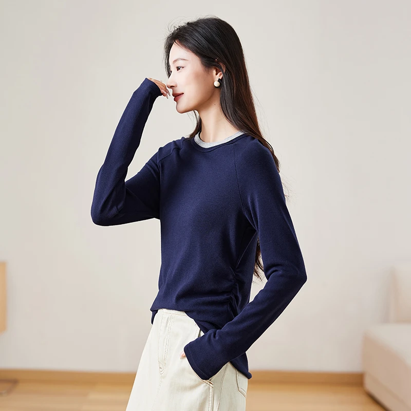 索菲丝尔撞色长袖打底衫女2025春季时尚百搭内搭T恤上衣517017