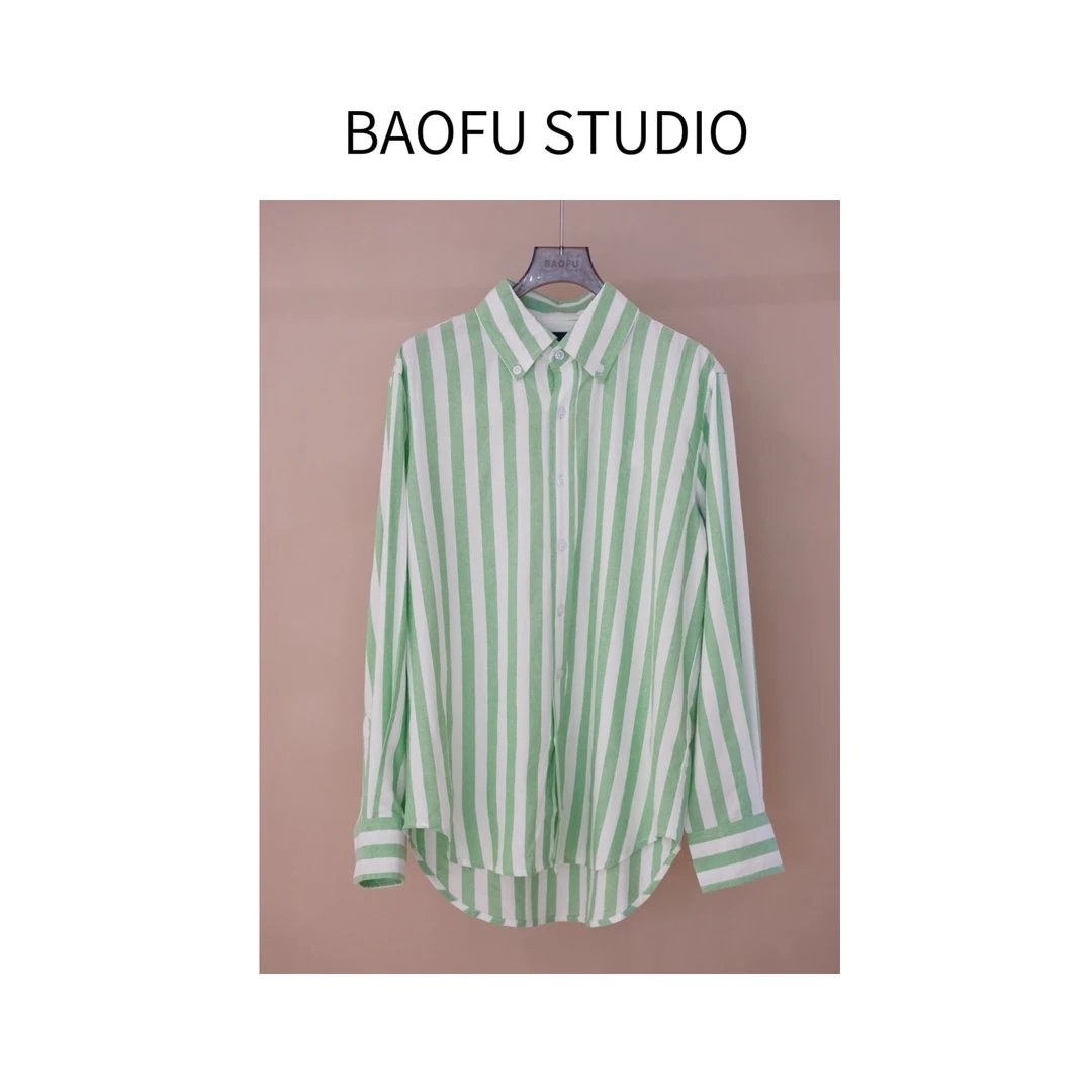 BAOFU studio | 苹果衬衫清爽亚麻绿白条纹刺绣长袖衬衫上衣外套