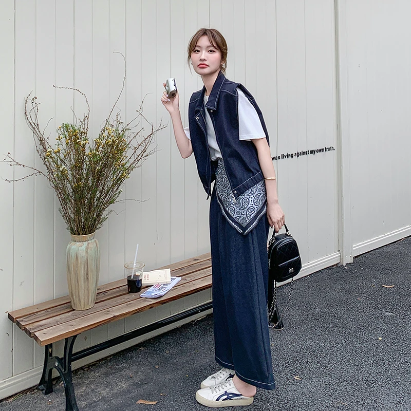 轻熟风韩系牛仔马甲三件套女夏季新款设计感休闲短袖阔腿裤套装潮