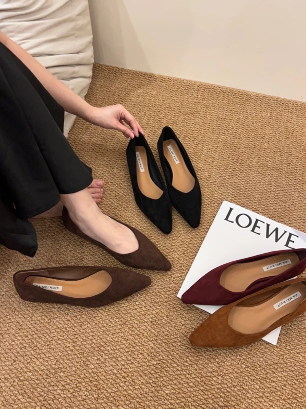 法式气质一脚蹬低跟尖头单鞋韩版绒面时尚浅口女鞋子