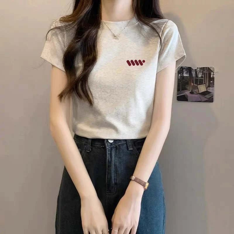 夏季薄款2025年新款正肩纯棉短袖t恤女百搭洋气灰色上衣打底衫潮
