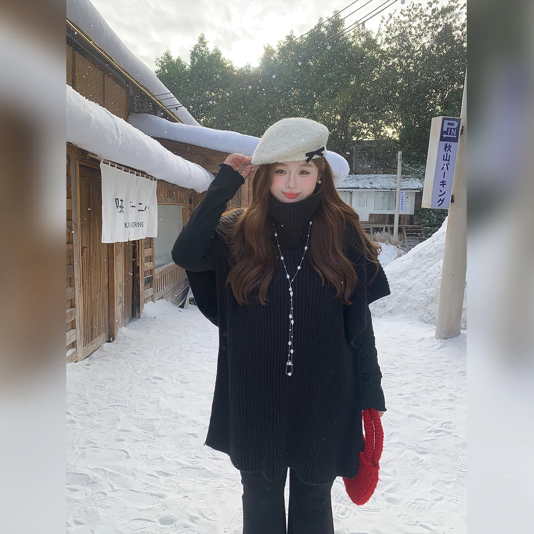 徐达布【慵懒假日】大码黑色针织衫女冬季微胖长款毛衣M39666C54