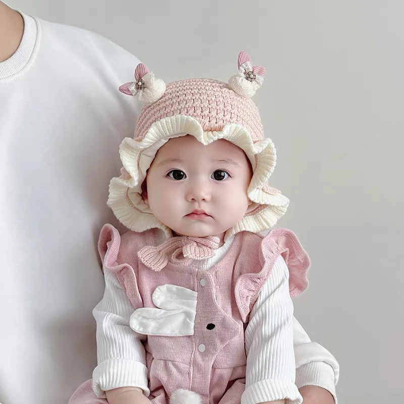 婴儿帽子秋冬款花边毛线帽可爱超萌保暖护耳帽女宝宝针织套头帽潮