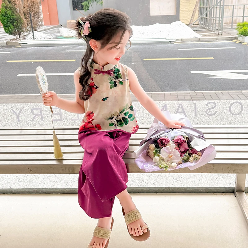 女童夏季套装2025新款新中式复古民国风改良小衫背心阔腿裤两件套